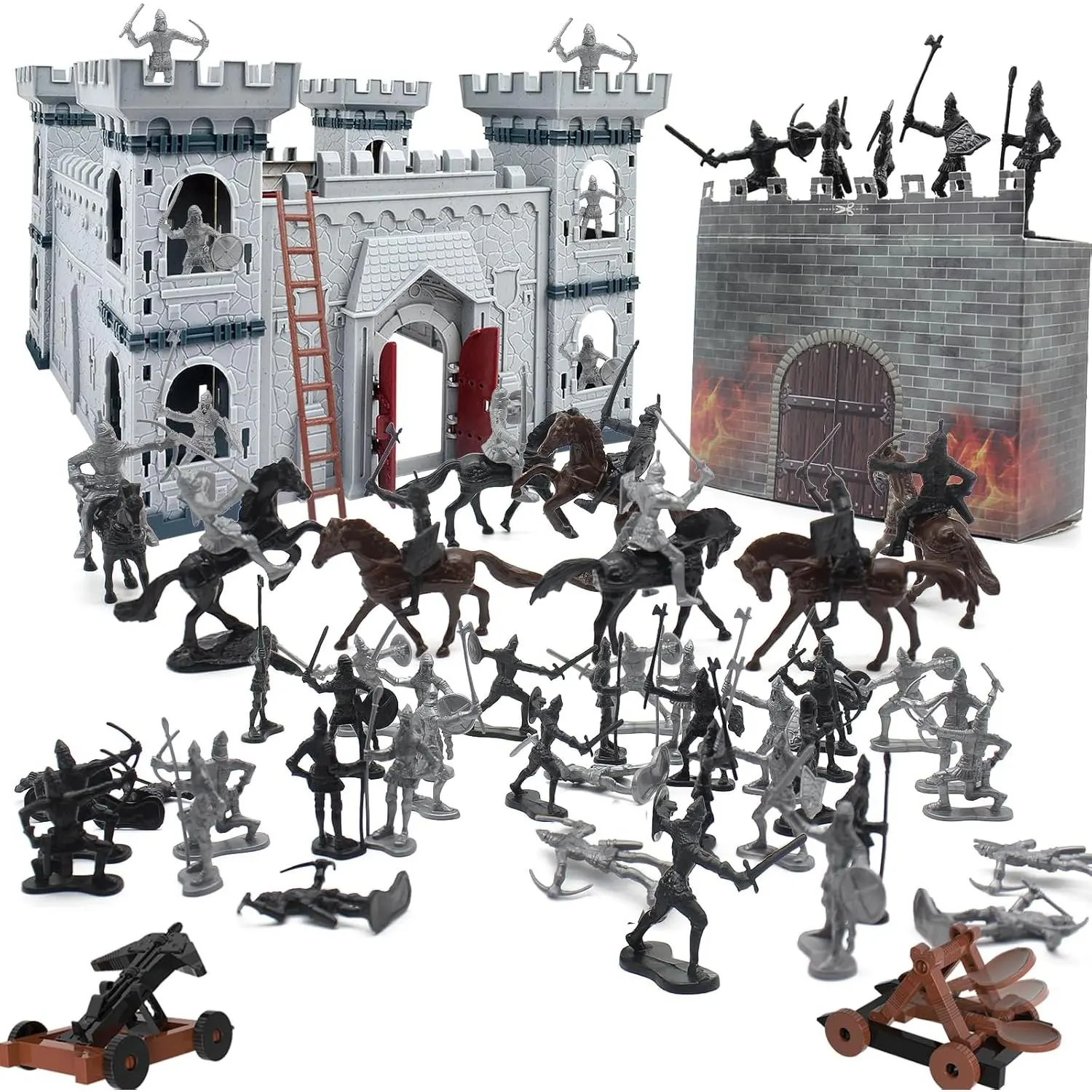 Medieval Castle Knight Toy Soldier Army Figurines DIY Assembled Cavalry Arrow Tower 8 Knights 8 Horses 36 Soldiers Simulated Siege War Attack Castle Toy for Boys
