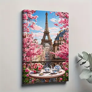 1 piece of Eiffel Tower and Cherry Blossom Canvas Wall Art - Solid Wood Framed Paris Landscape Painting, Romantic Paris Living Room Decorative Painting, 11.81x 17.72inch, ready to hang, 2D flat, perfect for room decoration