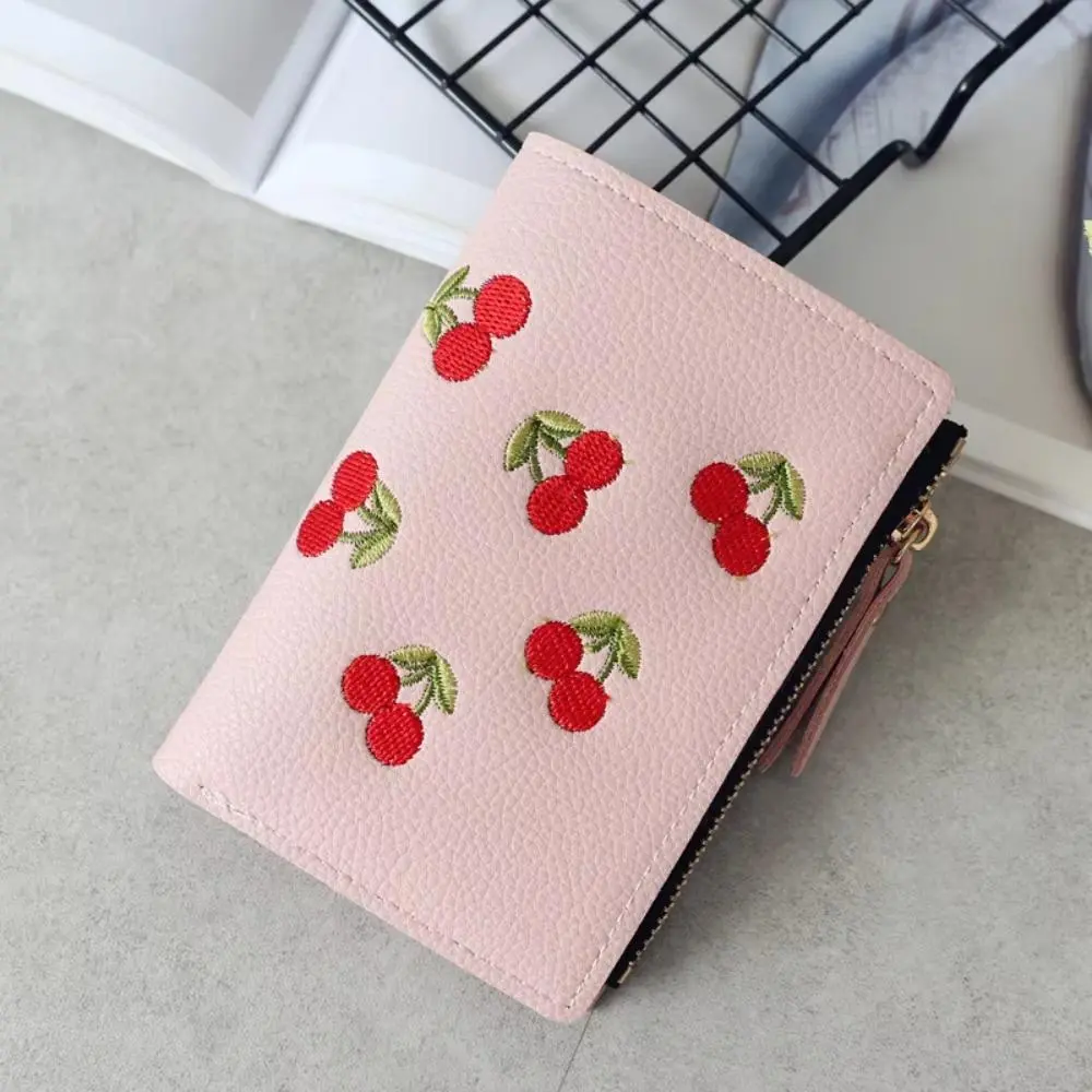 Women's Cute Trifold Wallet with Cherry Embroidery, Textured PU Leather Mini Purse with Wrist Strap & Multi-Card Slots, Mini Purse-Shaped Women's Wallets, Business Casual, Minimalist Decluttering, Foldable, Multi-Card Slot Women's Wallets
