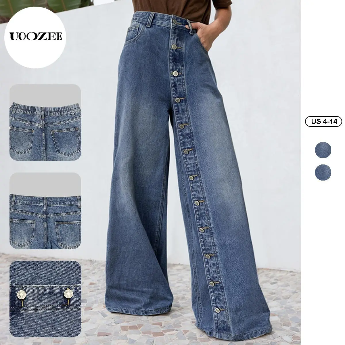 UOOZEE Women's High-Waist Wide-Leg Jeans - Breathable Cotton Blend Denim Bottoms with Elastic Back Waist, Simple Fits, Foldable for Casual All-Season Wear, Valentines Day Option