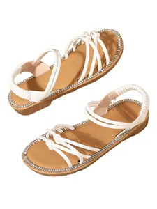 Girls' Soft Sole Cross Strap Sandals, Rhinestone Trim, Summer Outdoor Play, Party, Beach, Daily Wear Lightweight Kids Shoes