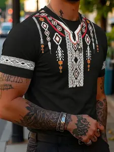 Vintage Dashiki-Style Crew Neck T-Shirt Featuring ethnic tribal prints, it’s crafted from breathable and soft fabric. With a slim-fit, casual streetwear silhouette, this versatile tee effortlessly transitions between daily wear and travel outfits.