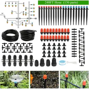 240ft Drip Irrigation System Kit, Automatic Garden Watering Misting System for Greenhouse, Yard, Lawn, Plant, 1/2 Inch Hose, 1/4 Inch Tubing