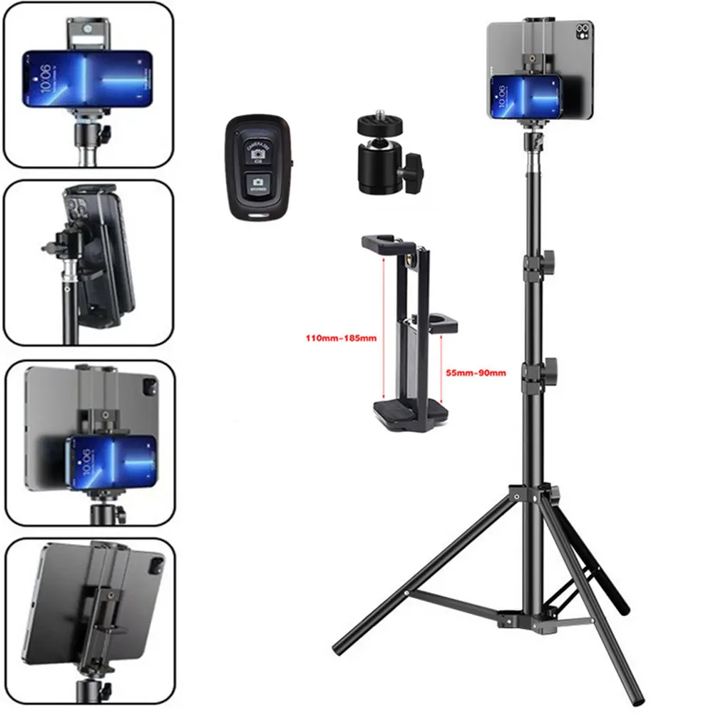 2-in-1 Mobile Phone & Tablet Portable Floor Stand Tripod, 44-170cm/17.3-66.9in Height-Adjustable, 33ft Folding Wireless Remote, All 7-11" Adjustable Mount Bracket, 47in Reach, for iOS & Android, Audio & Video Recording Accessories, 47 In