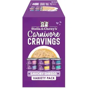 Stella & Chewy’s Carnivore Cravings Savory Shreds Canned Wet Cat Food Variety Pack – (2.8 Ounce Cans, Case of 12)