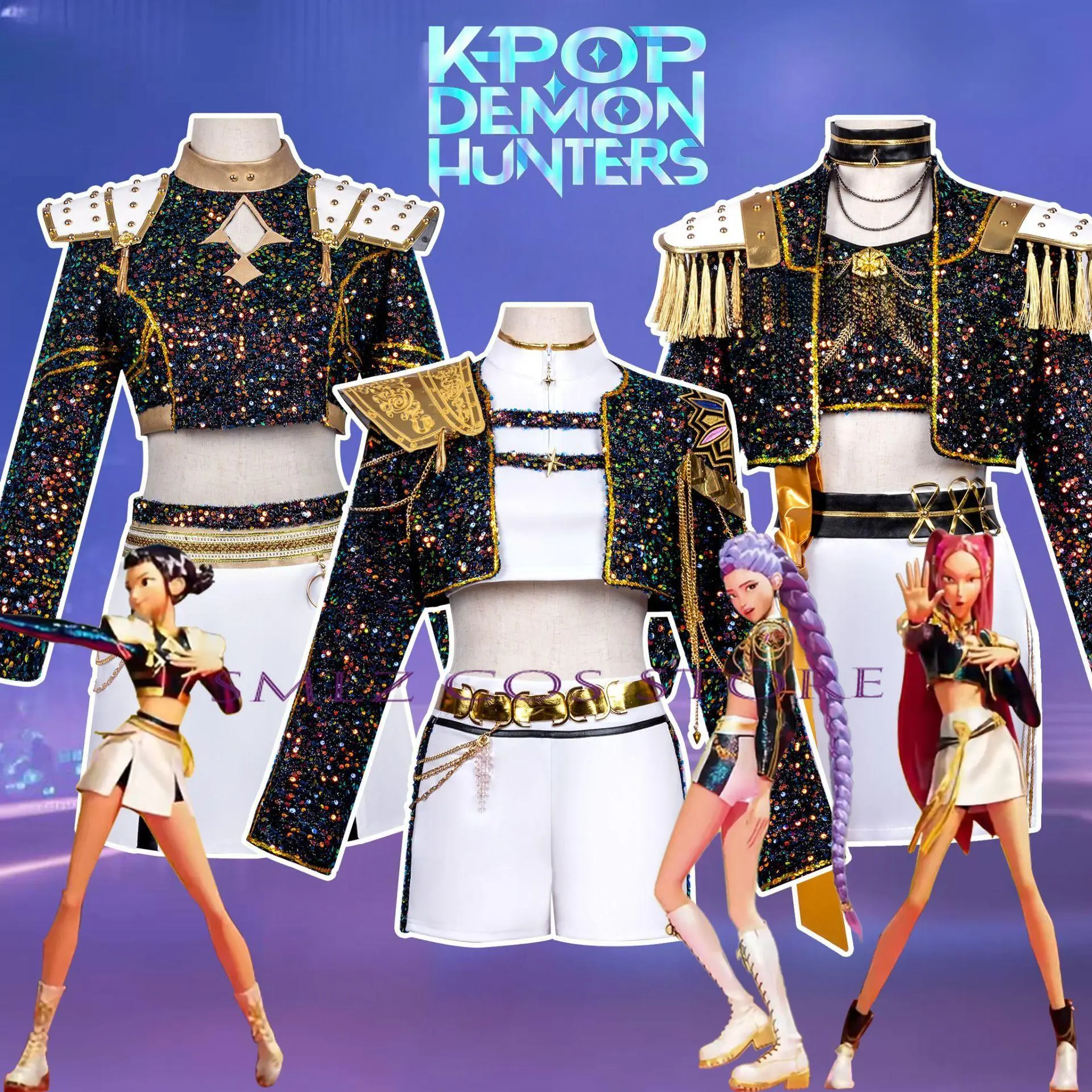 2025 Hot Kids Girls Cosplay Costume Black Golden Shiny Uniform Demon Hunters Costume Outfit for Adult Child holiday gifts