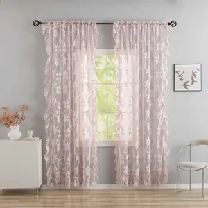 Pink Lace Sheer Curtain for Living Room Ruffle Vintage Curtain Floral Rod Pocket Drapes for Girls Bedroom Light Filter Tulle Farmhouse Window Curtain Voile, 2 Panels, Each 42 x 63 inch Length