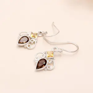 925 Sterling Silver Smoky Quartz & Citrine Dangle Earrings