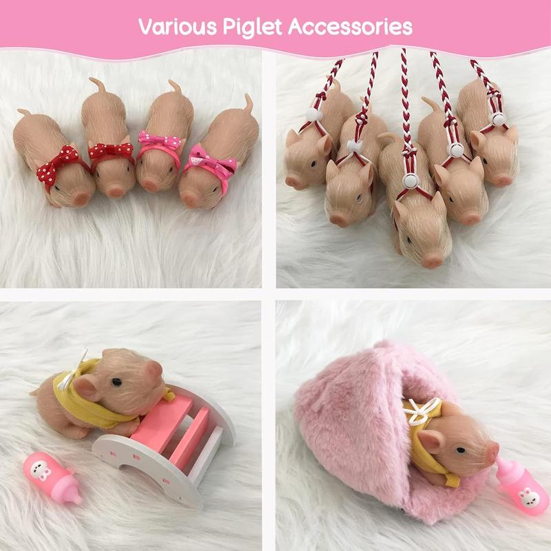 VOLOBE 5 Inches Silicone Piglet, Soft Mini Realistic Piggy Toy, Gift Box with Silicone Piglet Accessories, Kids Lifelike Reborn Doll(Dora)