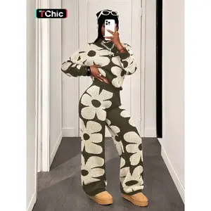 2pcs Women Floral Pattern Crew Neck Long Sleeve Sweater Top And Pants Set Women's Floral Pattern Round Neck Long Sleeve Sweater Set, Casual Knit Top & Pants, Elegant Colorblock Design, 2 Piece