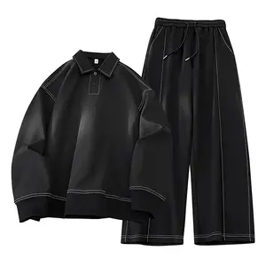 Men's Black PU Leather Sports Set - Polo Collar Top + Wide Leg Pants Two-Piece Set, Street Style, Urban Fashion, Ideal for Everyday Casual Wear
