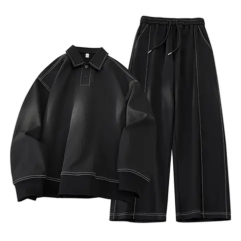 Men's 2-Piece Slim-Fit Black PU Leather Tracksuit Set, Collared Top & Wide-Leg Pants, Autumn-Winter Athletic Sets, Street-Style Casual Sports Suit, Everyday Wear Sports & Outdoor Clothing