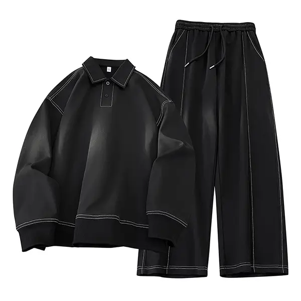 Men's 2-Piece Slim-Fit Black PU Leather Tracksuit Set, Collared Top & Wide-Leg Pants, Autumn-Winter Athletic Sets, Street-Style Casual Sports Suit, Everyday Wear Sports & Outdoor Clothing
