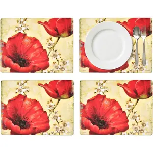 Pimpernel Red Poppy Blossoms Placemat Set – (15.7" x 11.7") Cork-Backed Table Mats with Lacquer Finish, Heat & Stain Resistant, Floral Dining Mats, Decorative Kitchen & Home Surface Protectors