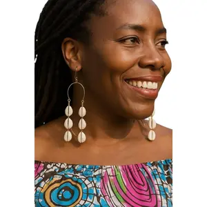 Handmade Kenyan Cowrie Shell Drop Earrings – 3-Tier Dangle Brass Hoops