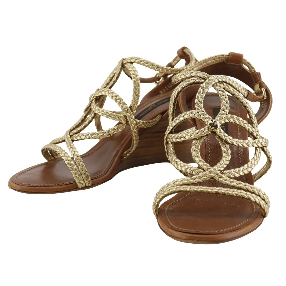 Pre-owned Louis Vuitton Wicker Small Leather Goods Leather Wood Wedge Sandals