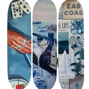 Blue City Collage Design Skateboards Set of 3 - Unique Artistic Patterns Including Playing Cards & Coastal Scenes