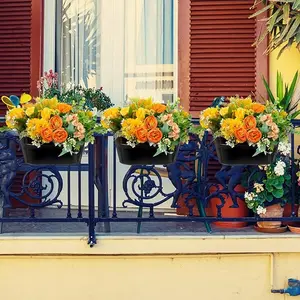 9 Pcs Metal Iron Railing Planter Oval Fence Hanging Flower Pot Garden Balcony Plant Box Holder Indoor Outdoor Hanging Bucket for Wall Home, 10.8 Inch (Black)