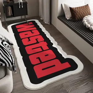 Red and black contrast ruins style bedside special-shaped carpet creative "WASTED" English letters bedroom carpet trend design living room sofa thickened non-slip floor mat modern style game room lounge personalized decorative carpet