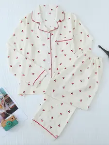 Two-Piece Set Women's All Over Ditsy Floral /Cherry Print Contrast Binding Pajama Set, Long Sleeve Button Up Lapel Neck Top & Pants PJ Set, Women's Sleepwear for Spring & Fall, Soft Casual Pajamas