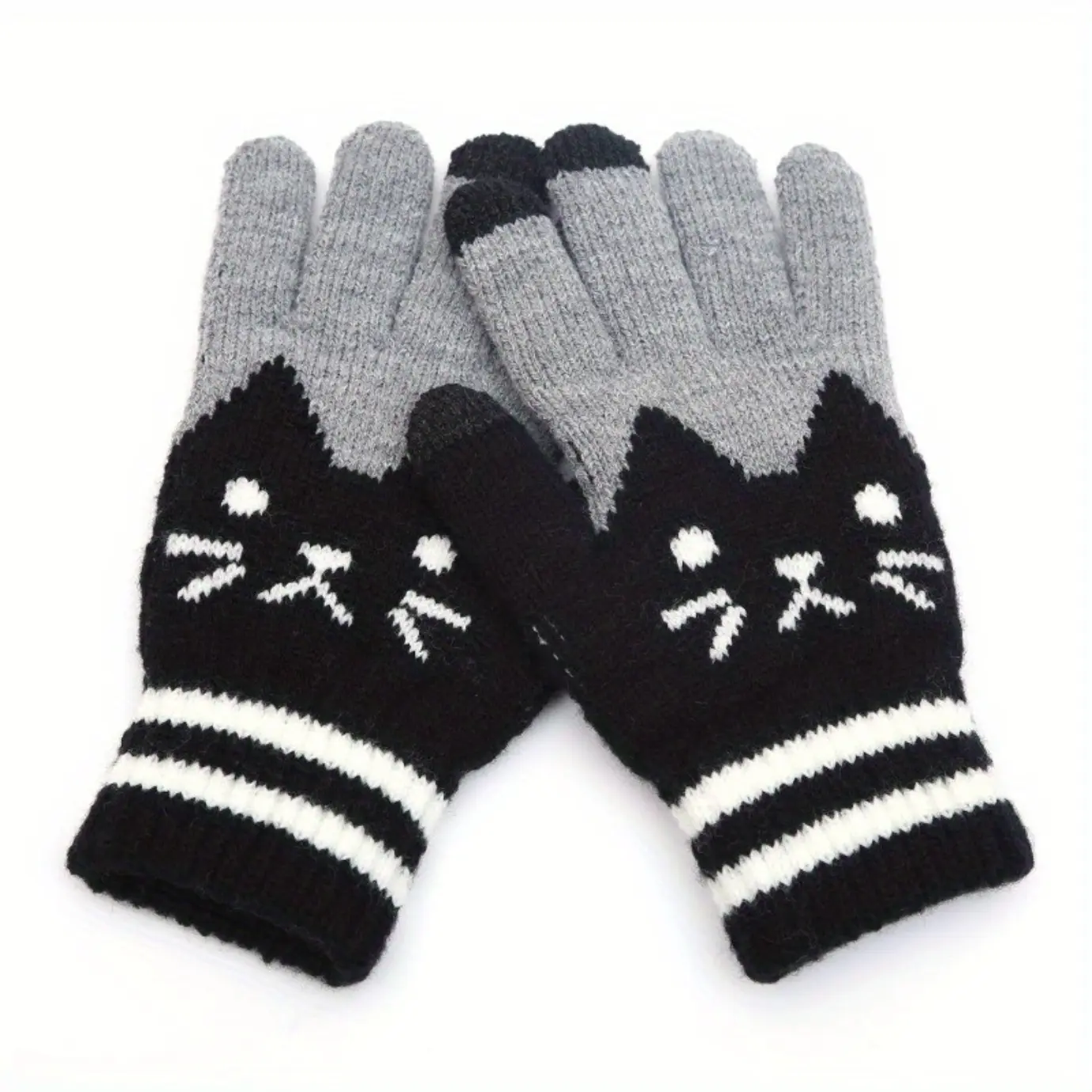 Women's Cute Cat Paw Print Gloves, White Soft Stretch Knit Fingerless Winter Accessory with Knuckles Protection and Smartphone Touch, Animals, Female