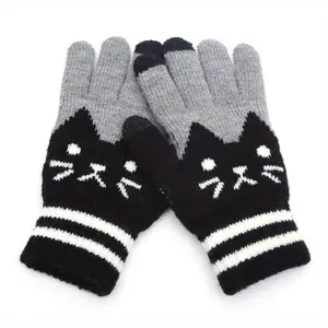 Winter Gloves for Women Cat Jacquard Design Soft Stretchy Full-Fingered Cold-Proof Red Cat Face Paw Print Pattern Elasticity for Smartphones Winter Activities Hand Washable Fashionable Coldproof Knuckles White