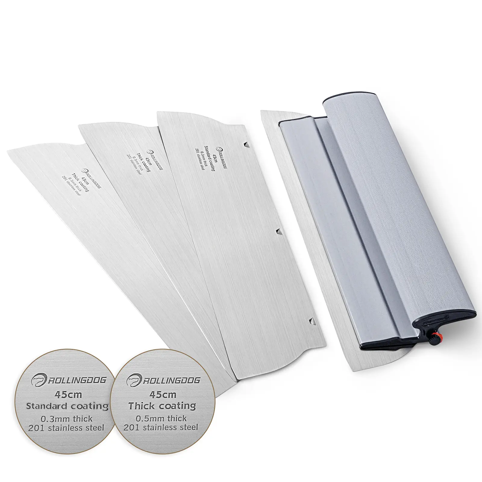 ROLLINGDOG 18-in Skimming Blade Set - Ultra-Thin Stainless Steel Scraper Tools (0.5mm, 0.3mm, 2 Each) with Ergonomic Handle, Tool-Free Swap, High Sensitivity for Wall, Ceiling, Drywall, Countertops