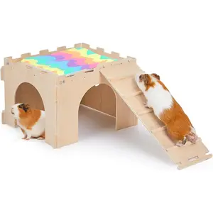 Guinea Pig Hideout, Guinea Pigs House with Stairs and Mats Extra Large Guinea Piggy Castle Detachable Hideouts for Small Animals Wooden Guinea Pig Habitats with Multiple Doors and Windows new pet cage new  pet  cage
