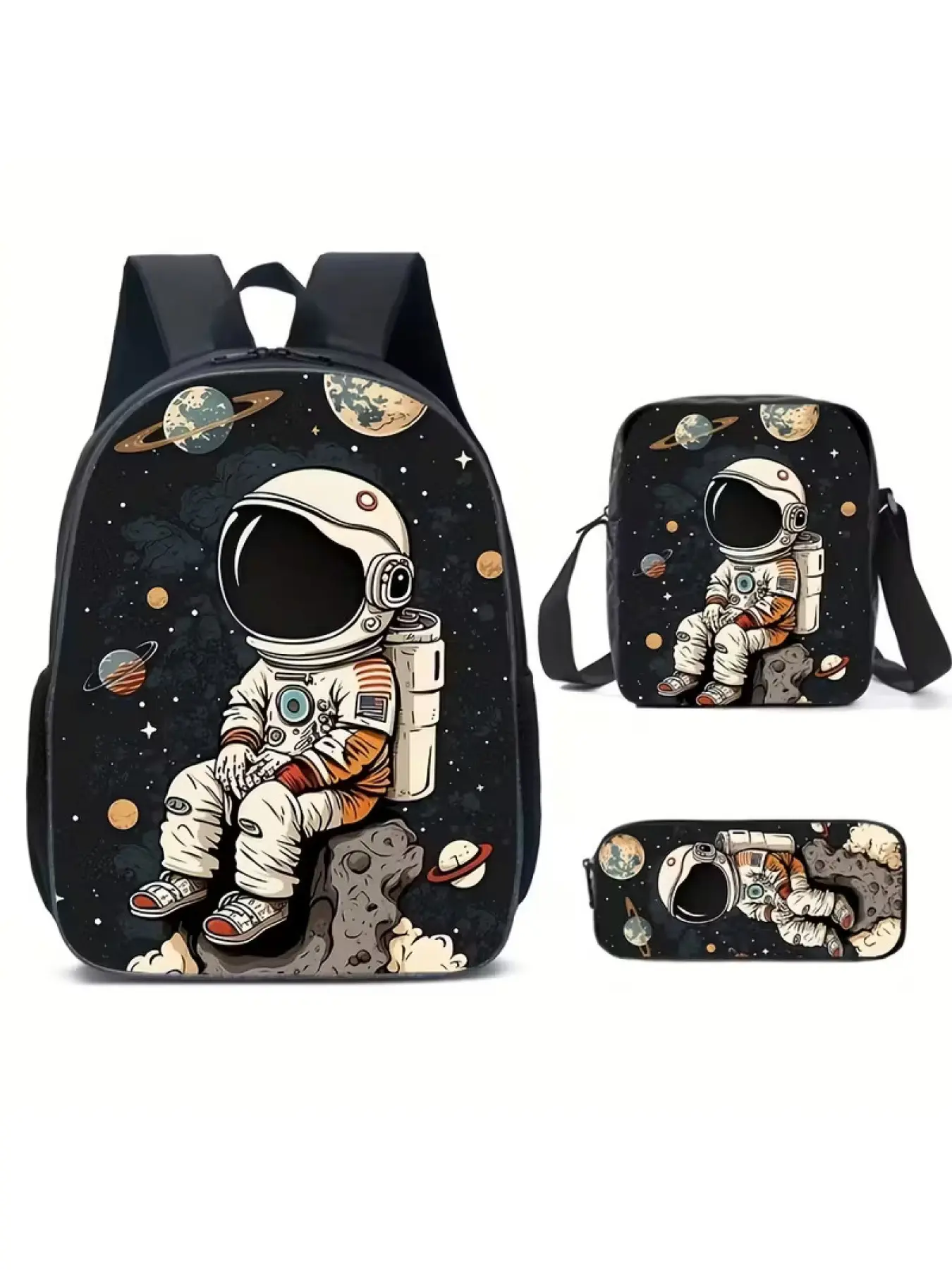 Unisex astronaut print pattern, lightweight travel backpack set, Cute Stylish Daypacks, for outdoor sports, practical for daily commuting, large capacity and easy to clean, adjustable shoulder strap Three piece set of crossbody bag, pencil case