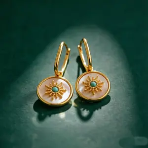 Women's Boho Sunburst Turquoise Cabochon Hoop Earrings - Gold-Plated Gold Multi-Spoke Mother of Pearl Dangle, Bohemian Western Elegant Everyday Jewelry Gift for Women, Earring For Women, Bohemian Earrings