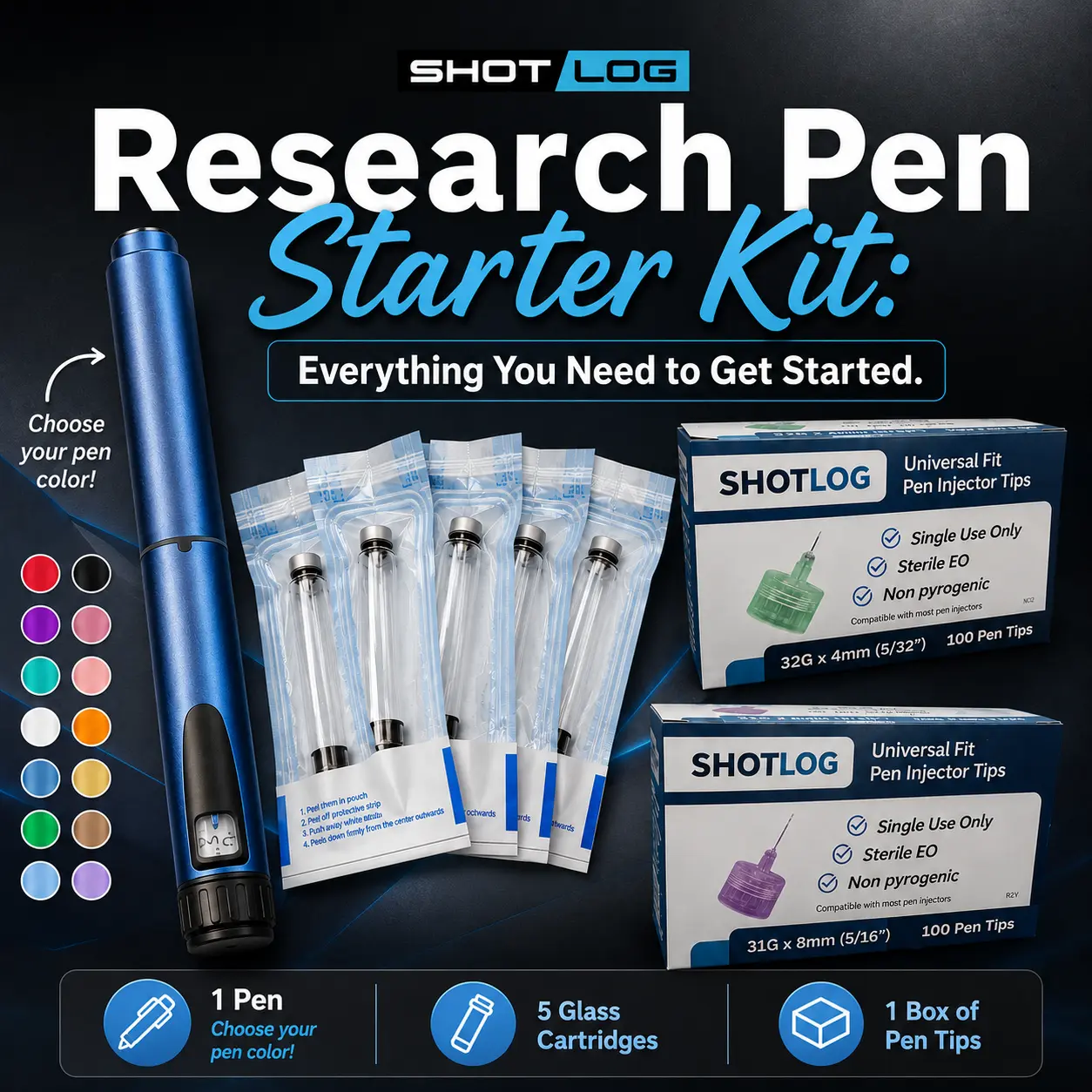 Research Pen Starter Kit - Reusable Pen, 5 Cartridges, 100 Pen Tips - For Research Use