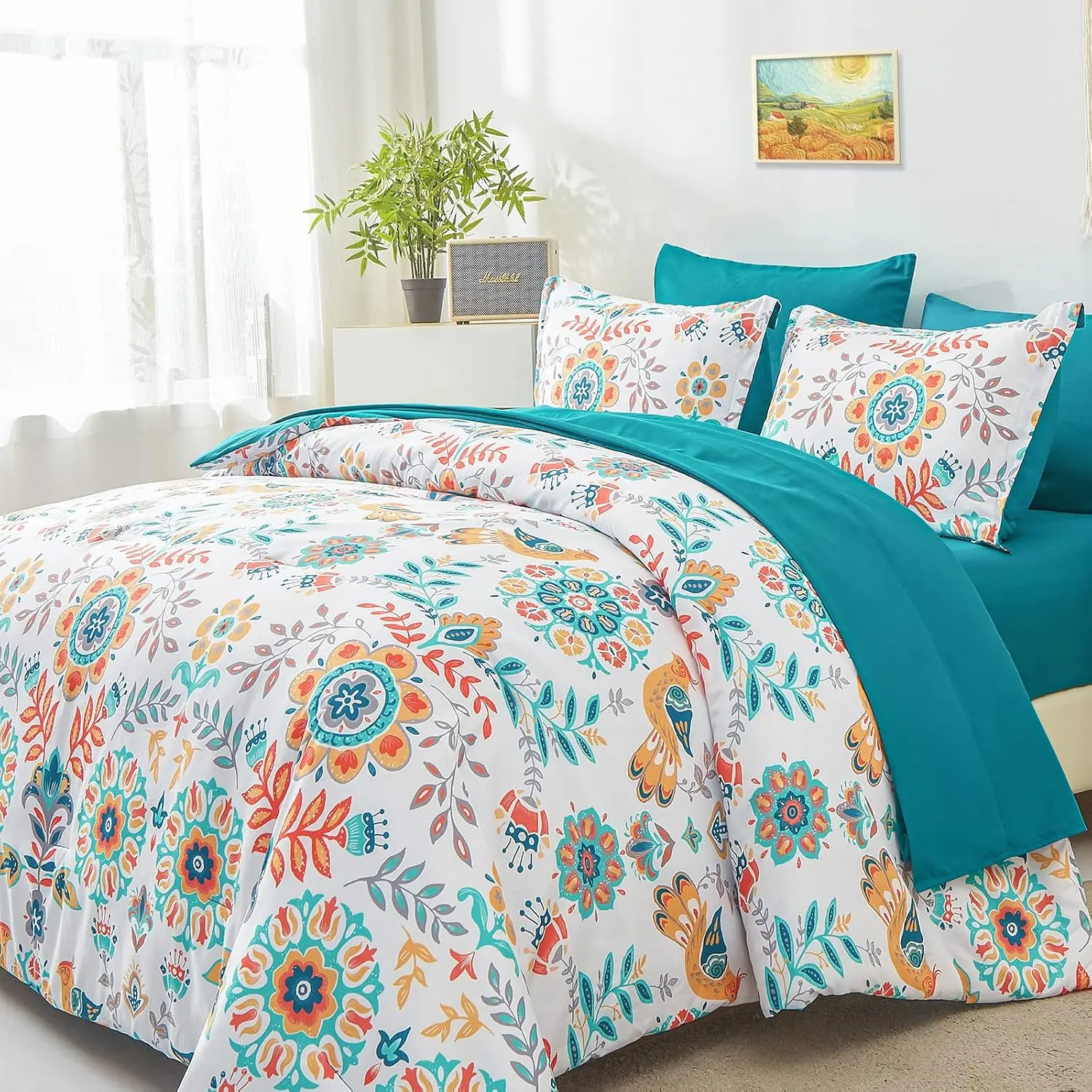 Boho Comforter Set  - 7 count Bed in a Bag Floral Medallions Design, Bohemian Comforter Set with Sheets, Soft Microfiber Complete Bedding Sets  Season (Teal Blue, )