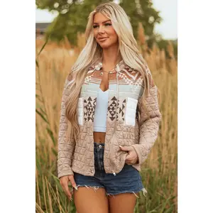 Light French Beige Aztec Quilted Patchwork Western Fashion Jacket Fitted Long Sleeve All Seasons Medium Length Casual Style