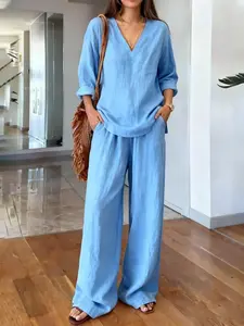Linen Vibe Two Piece Set, Top, Effortless Wide Leg Pants, Comfortable Linen Material, Perfect for Casual Wear, Stylish and Versatile