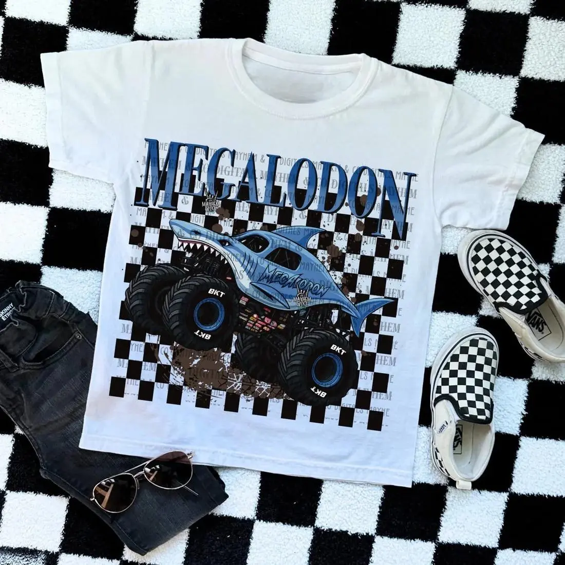 Youth and Adult MJ Checkered Megalodon T-shirt, MJ Style, Truck Lover Gift, Casual Classic Top Tee, gift for men, for son