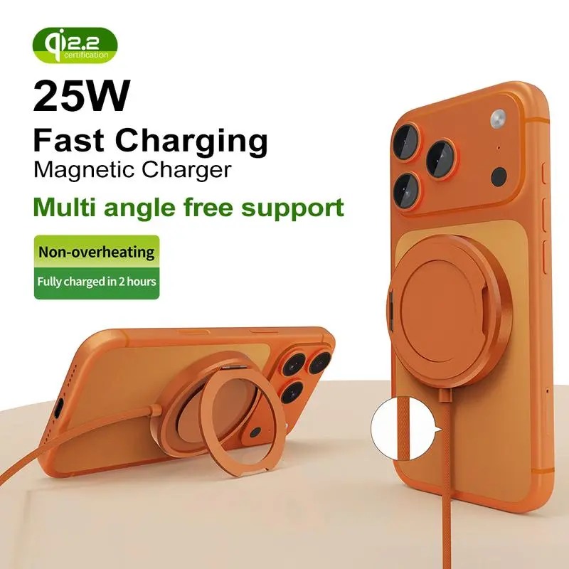 25W Speed  Magsafe Wireless Charger for MagSafe Phones, Qi2.2 Certified Foldable Zinc Alloy Stand, 1M Braided Cable, Suitable for All Phones, Secure Grip, Easy Installation, Metal Alloy Phone Holder Folding Mount Smartphone-MM