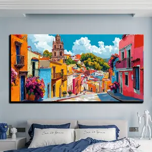 Vibrant Mexican Village Street Scene Wall Art - Colorful Canvas Print With 1.5" Thick Pine Frame, Ready To Hang, Perfect For Living Room, Bedroom Or Office Decor Poster Artwork Ornaments Photo Decoration Artistic 32*16*1.5Inch