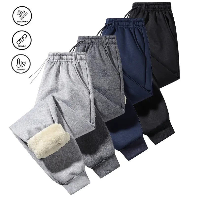 Men's Warm Fleece Lined Pants, Stylish Slim Fit Solid Color Polyester Trousers, Windproof & Wrinkle-Free for Casual Autumn Outdoor Wear