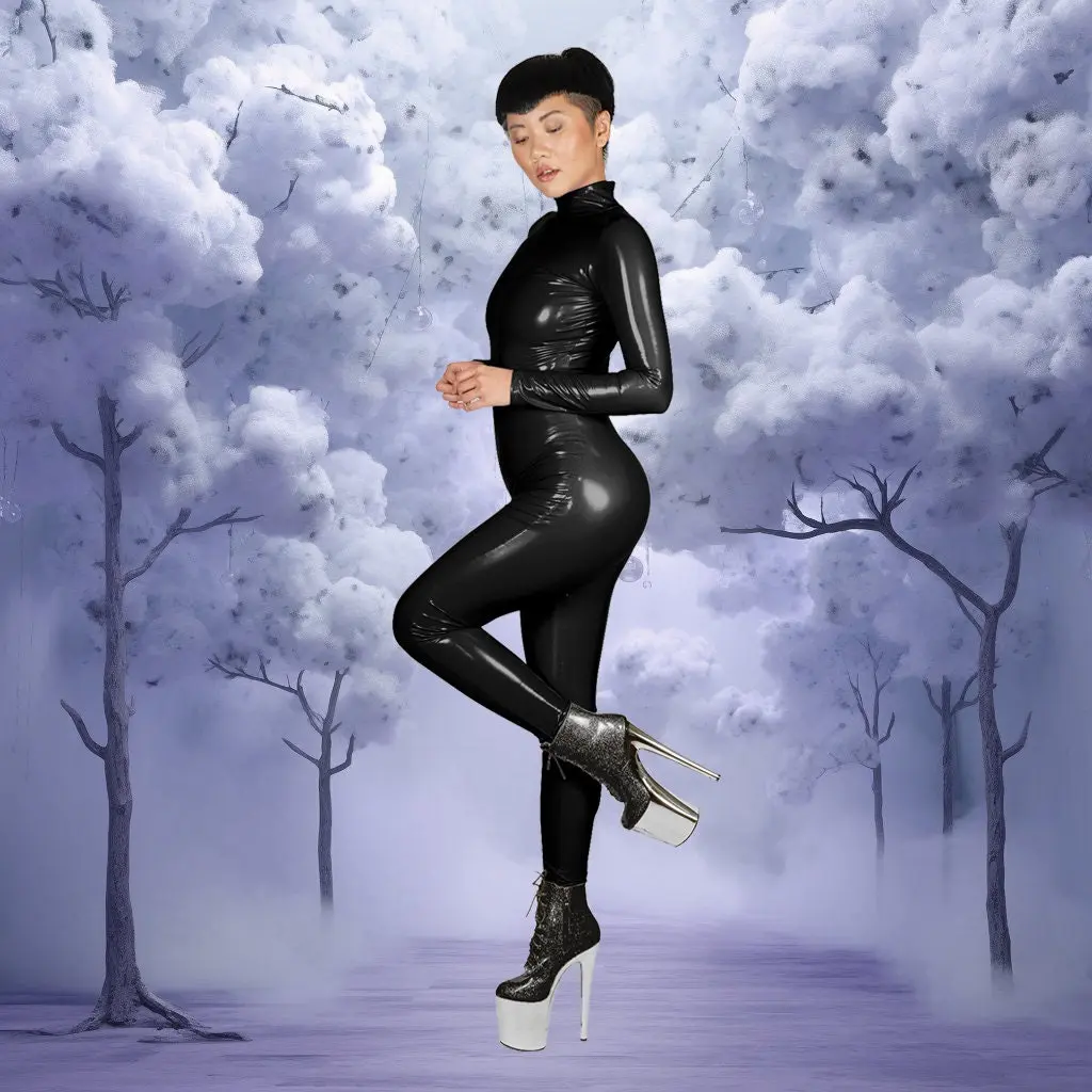 Black Stretch Vinyl Catsuit PVC PU Faux Latex Leather Turtle Neck Bodysuit Festival Jumpsuit Halloween Costume Custom Made Size S M L XL