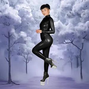 Black Stretch Vinyl Catsuit PVC PU Faux Latex Leather Turtle Neck Bodysuit Festival Jumpsuit Halloween Costume Custom Made Size S M L XL