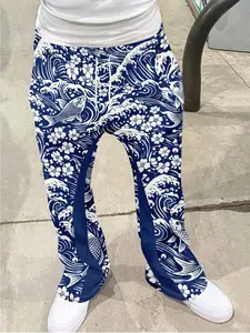 Men's Vintage Distressed Bell Bottom Pants, Fashion Wave Print Drawstring Sports Long Pants, 3D Soft Breathable Lightweight Fabric, Casual Daily Wear