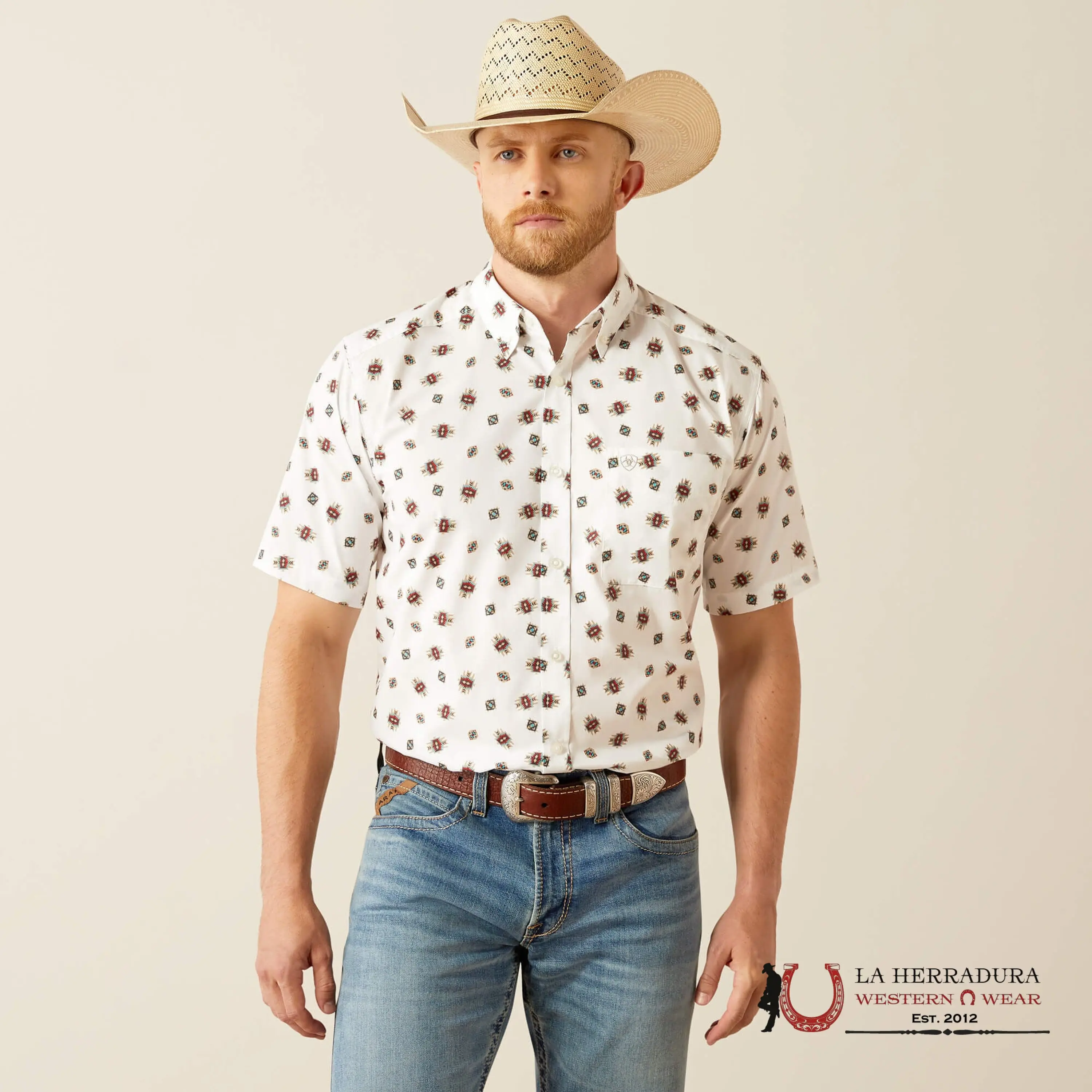 ARIAT MENS WESTSCOTT WHITE SHORT SLEEVE WITH MULTI COLOR AZTEC PRINT SHIRT - 10058748