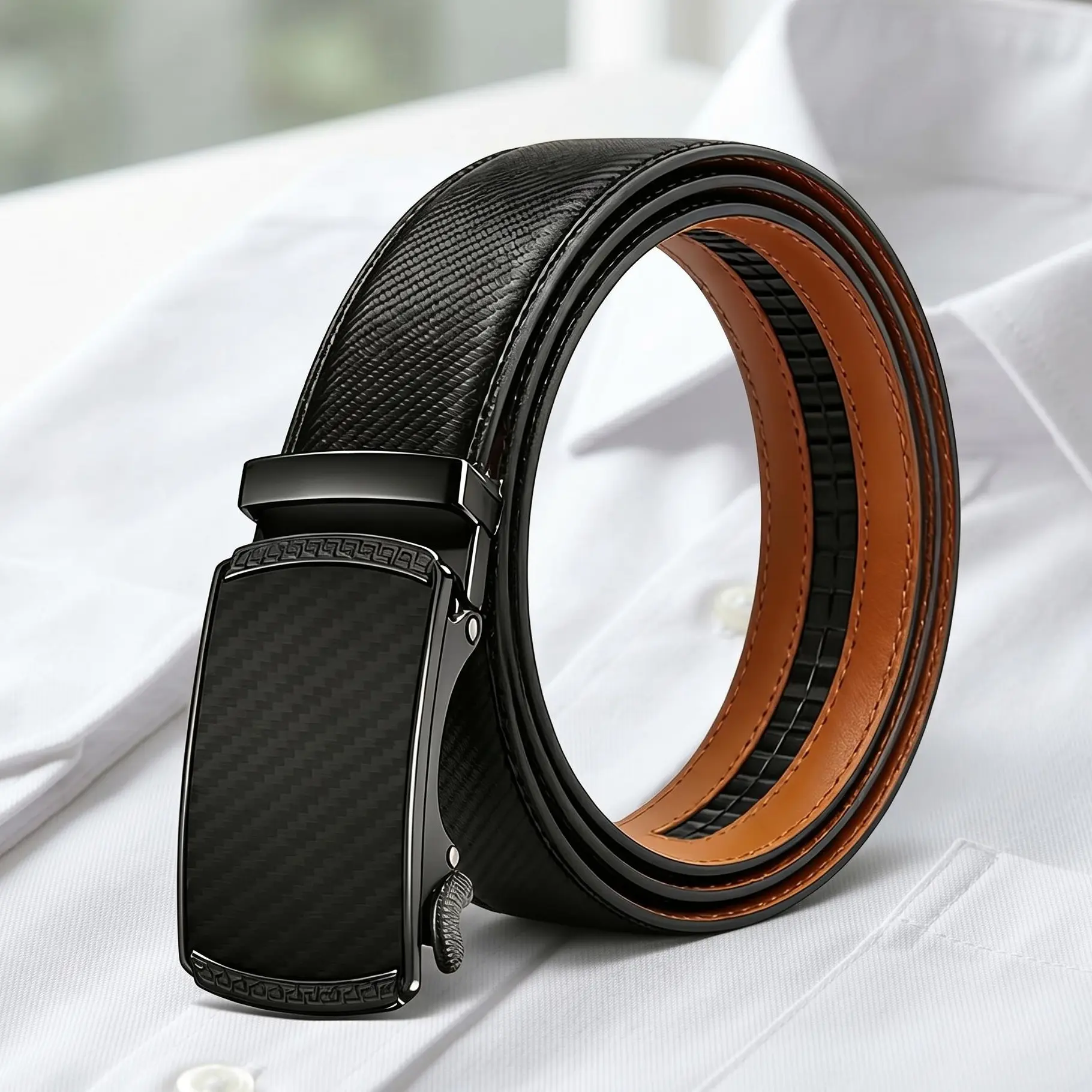 Men's Premium Leather Belt with Auto Buckle - Fashion Apparel, Men's Accessories, Accessories Adults - Adjustable Cut-to-Fit, Golf & Casual Style, Gift Set Box - Father's Day & Mens Gifts