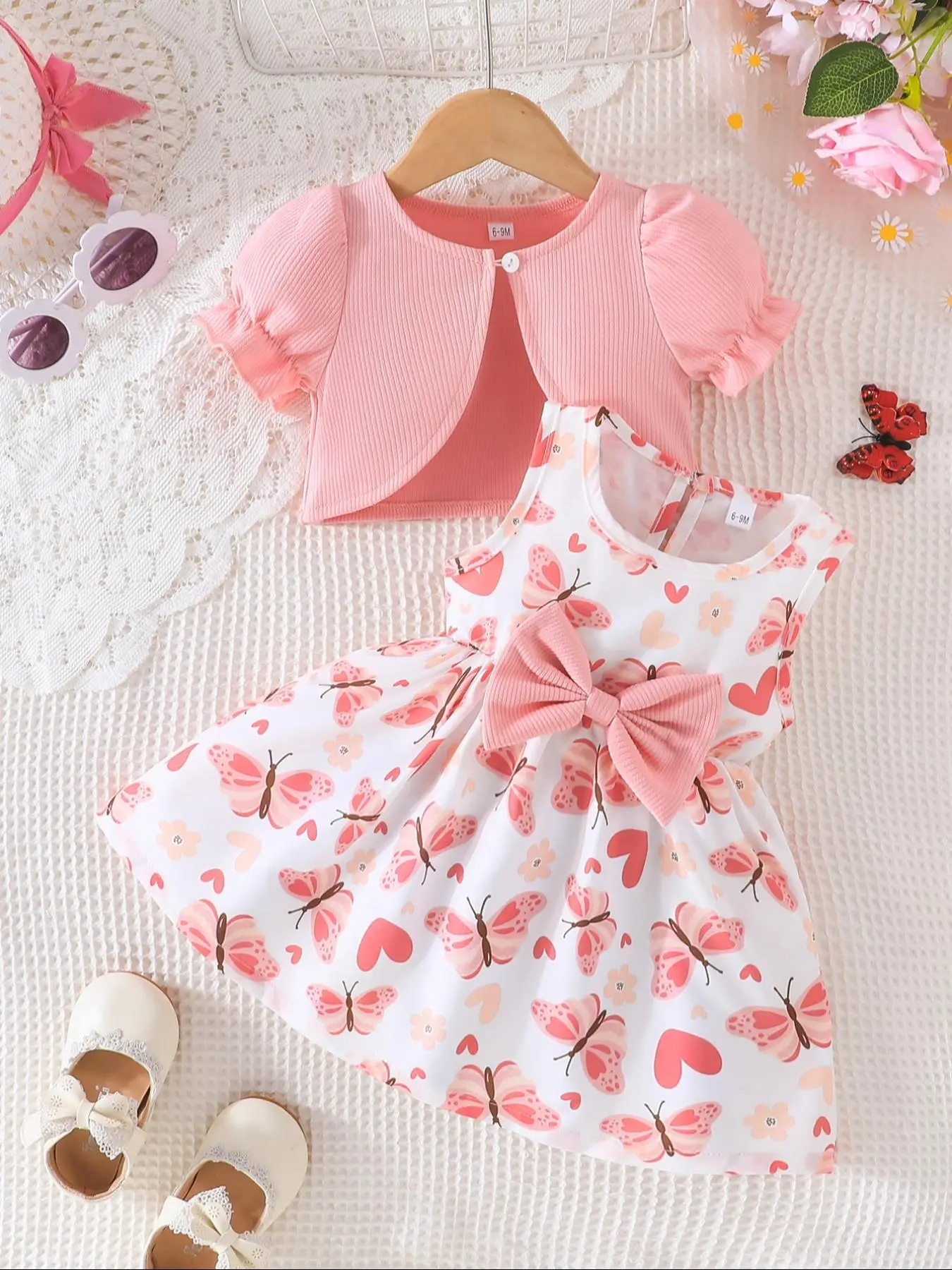 Baby Girl's Butterfly Print Bow Decor Sweatshirt & Dress Set, Cute Casual Long Sleeve Pullover Top & Dress for Daily Wear, Newborn Infant Kids Summer