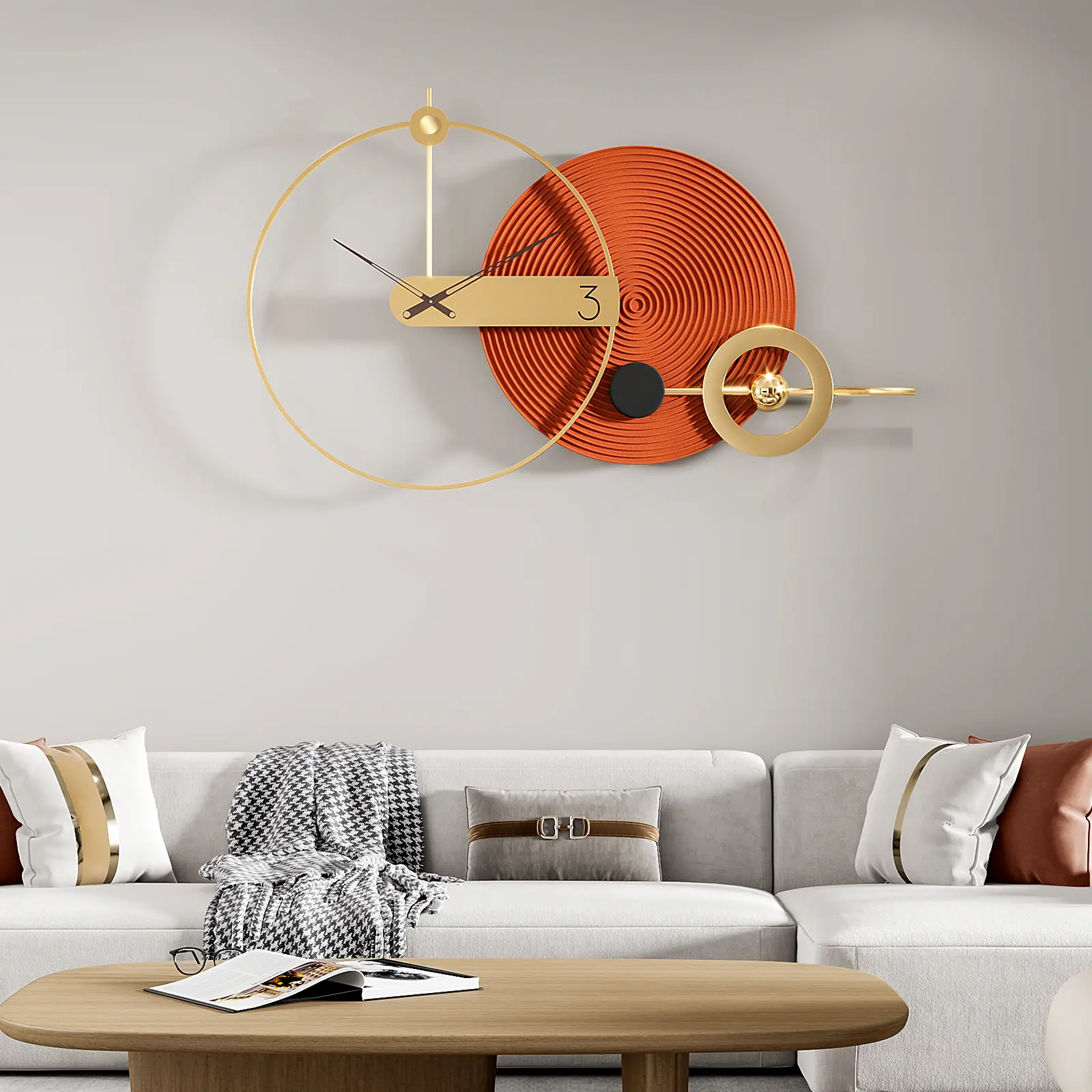 Large Modern Wall Clock, Luxury Gold Metal Wall Art Decor, Oversized Abstract Decorative Clock with Geometric Design, Contemporary Statement Piece for Living Room Bedroom Office Dining Room, 40" × 25"