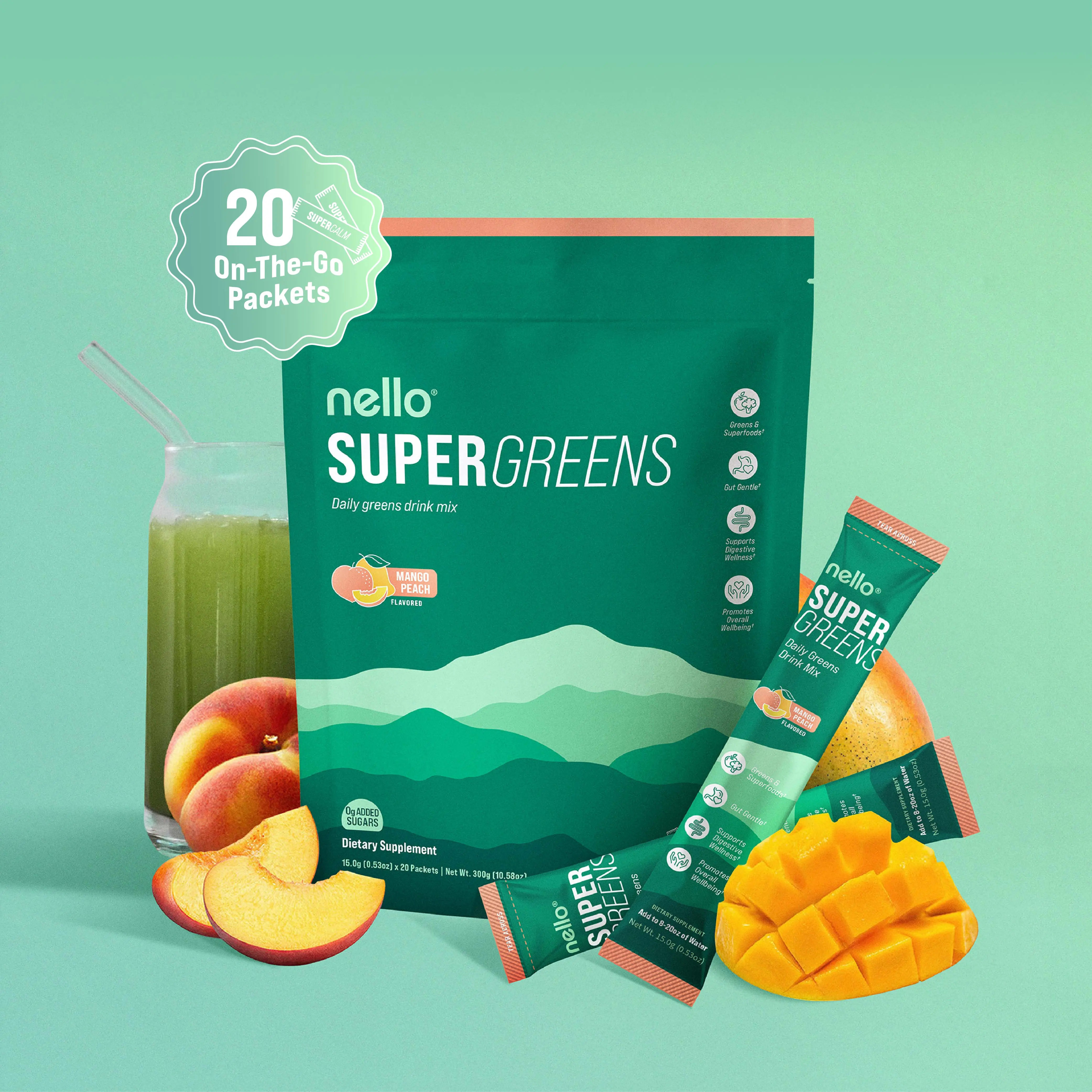 Nello Supergreens Premium Superfood Greens Drink Mix w/Chlorella, Moringa, Spinach & Broccoli + Digestive Enzymes & Probiotic Blend -Nutrient-Packed Powder Wellness
