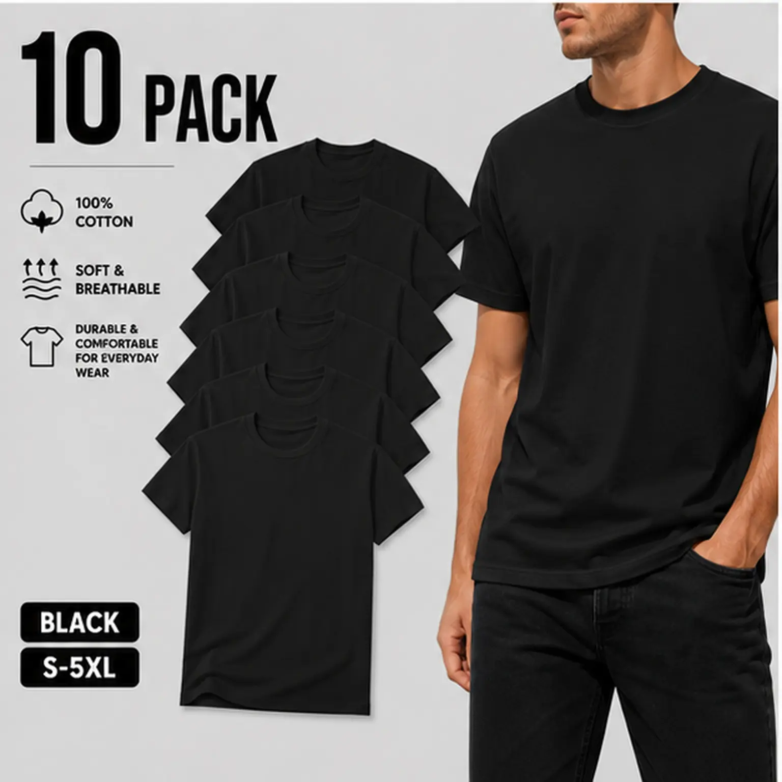 Unisex 100% Cotton Crew Neck T-Shirts, Soft & Breathable Solid Short Sleeve Everyday Basic Tees, Black or White Multipack