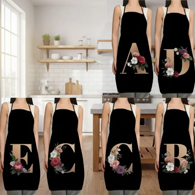 Women's Personalized Initial Letter Apron with Pockets, Adjustable Floral Print Chef Apron Skirt, Custom Monogrammed Kitchen Apron for Cooking & Baking, Garden Apron