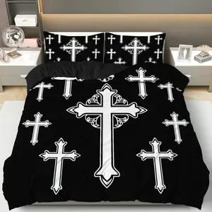 3PCS Duvet Cover Set, 1 Duvet+2 Pillowcases(Without filler), Gothic Cross Religious Spiritual Faith theme, Easter bedding set, Christian Cross Design, Cross Pattern Suitable for decoration bedroom guestroom living room studio.