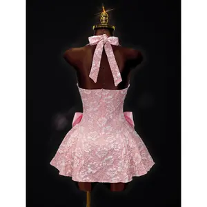 Summer New Sakura Embossed Floral Halter Dress, Side Large Bowknot Decoration, A-Line Short Skirt, Wedding Bridesmaid/valentine's Day Date Princess Dress, Spring